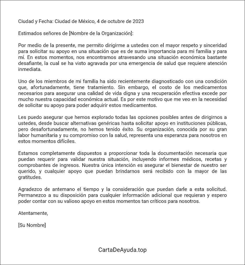 carta de solicitud de apoyo para medicamentos ejemplo